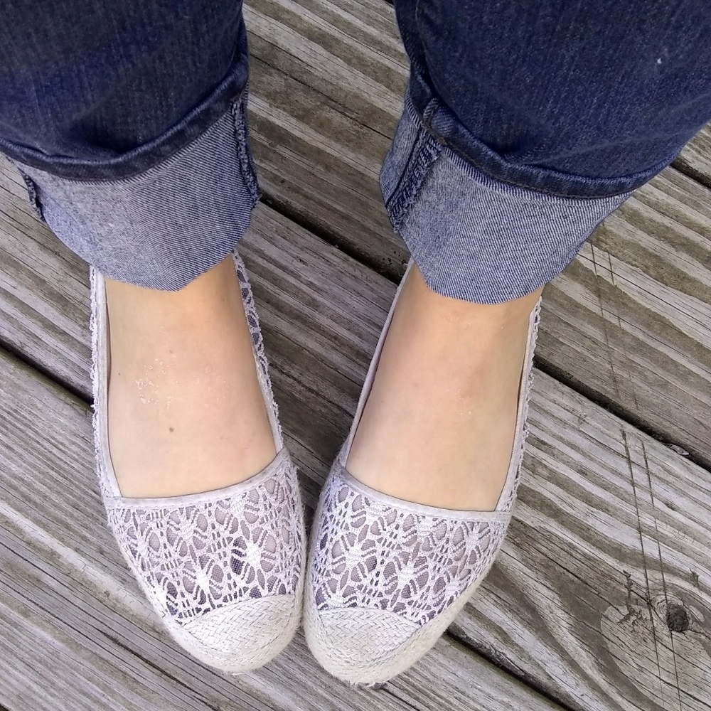 Cream lace and tweed slip ons